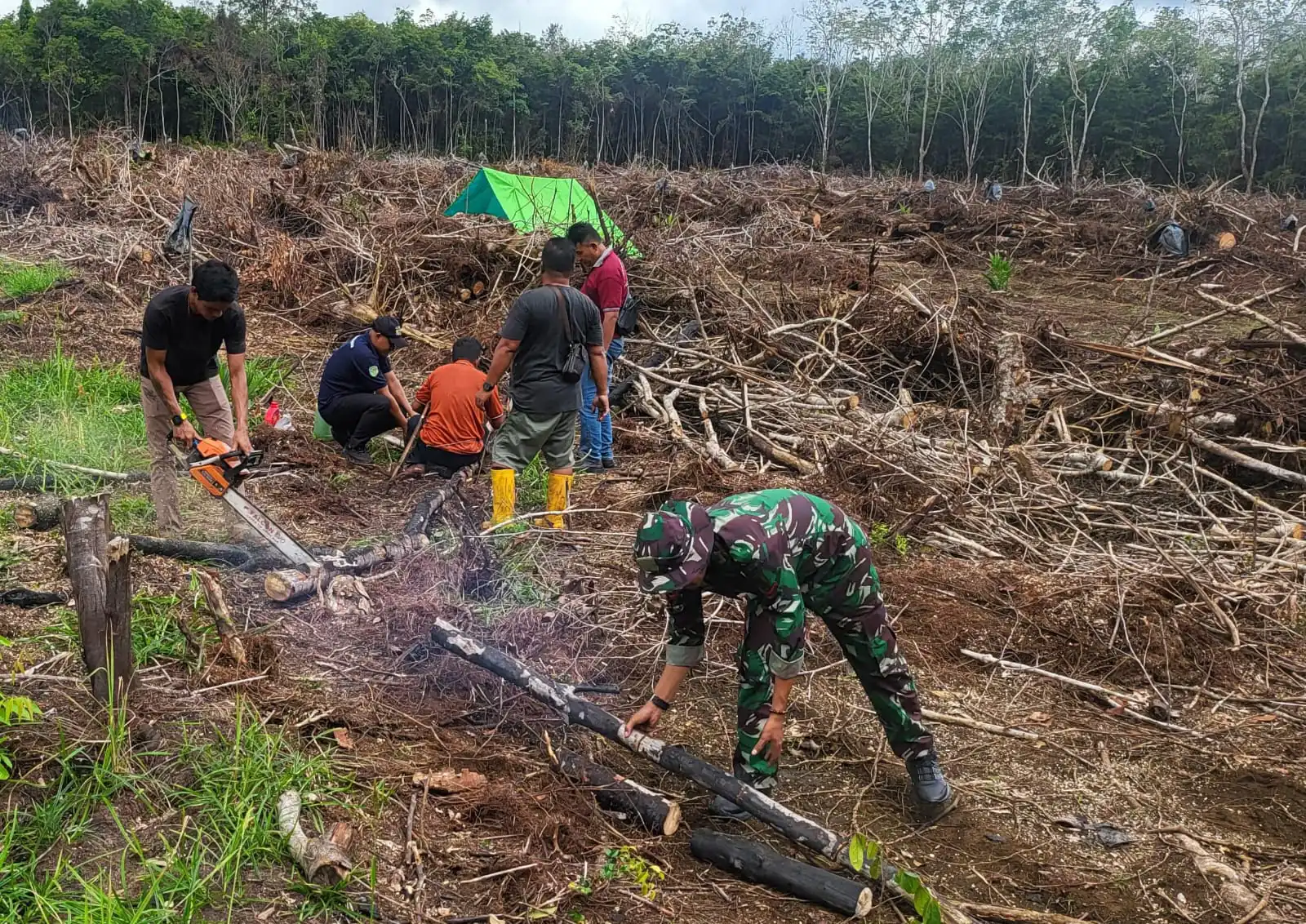 Anggota Satgas TMMD Wiltas Ke-127 Kodim 0912/Kubar Gotong Royong Bantu Warga Cari Kayu Bakar Untuk Syukuran